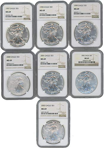 1997 1998 1999 2000 2001 2002 2003 Silver Eagle NGC MS69 7-Coin Lot