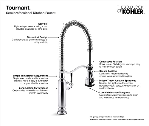 KOHLER K-77515-CP Tournant Semi-Professional Pull-Down Kitchen Sink Faucet, Polished Chrome