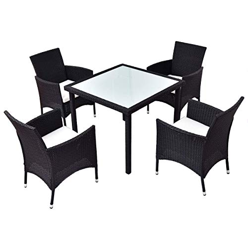 Tangkula 5PCS Patio Wicker Dining Set, Rattan Table  4Chairs Cushioned Seat w/ Removable Cushions Black