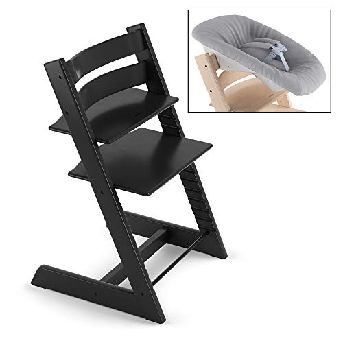 Stokke Adjustable Ergonomic Tripp Trapp Chair - Black & Tripp Trapp Newborn Baby Set - Grey