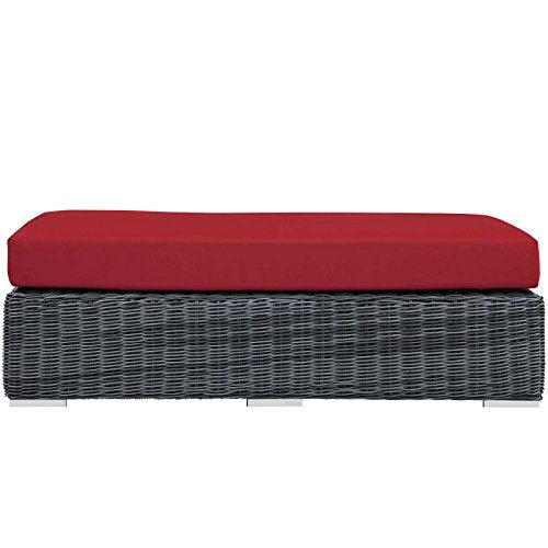 Modway Summon Wicker Rattan Outdoor Patio Sunbrella Fabric Rectangle Ottoman in Canvas Red