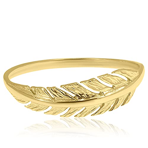 14K Gold Feather Ring - 14K Solid Yellow Gold Dainty Boho Feather Ring, Unique Minimalist Thin Ring, Bohemian Simple Minimal Delicate Jewelry, Handmade Birthday Gift for Women