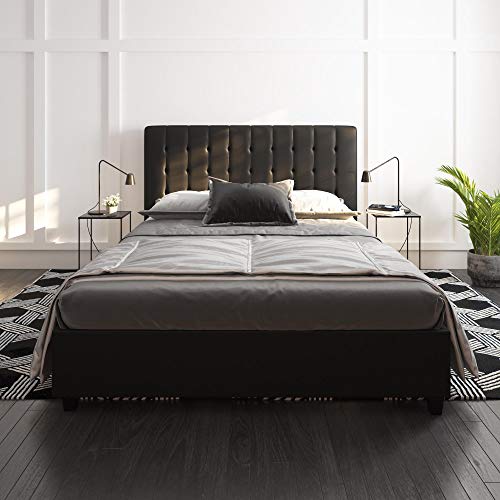 DHP Emily Upholstered Faux Leather Platform Bed with Wooden Slat Support, Tufted Headboard, Twin Size - Black