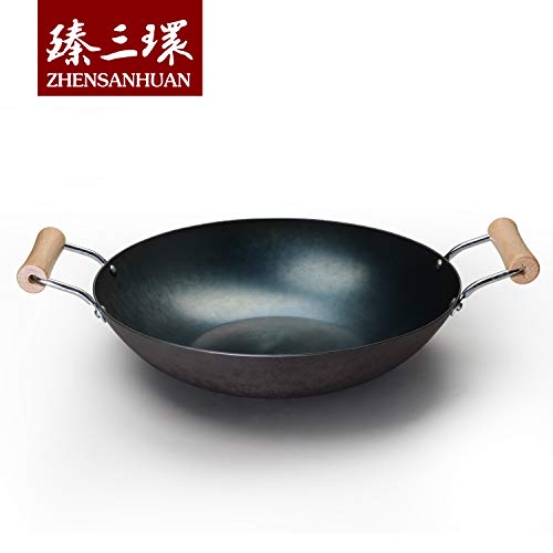 ZhenSanHuan HandHammered Iron Wok Flat Bottom Induction Suitable (32cm 2 handles)