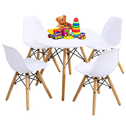 Costzon Kids Table and Chair Set, 5-Piece Dining Set (White, Table & 4 Chairs)