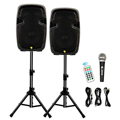 La fete Dual 2-Way 10'' 1600 Watt Powered PA Speaker System, Portable DJ Speaker with Active + Passive Speakers, 2 Speaker Stands, Microphone, Bluetooth, USB/SD Card, FM Radio, Remote Control