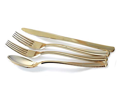 " OCCASIONS" 720 Pcs set (120 guest) Wedding Disposable Plastic Plate and Silverware Combo 10.5" + 7.5" + Silverware (Double Fork) (Plain Ivory Plates, Gold Silverware)