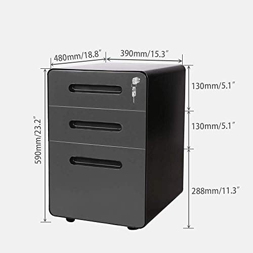 ApexDesk MFC-2025-BLACK 3-Drawer Metal Mobile File Cabinet with Locking Keys, Black/Charcoal