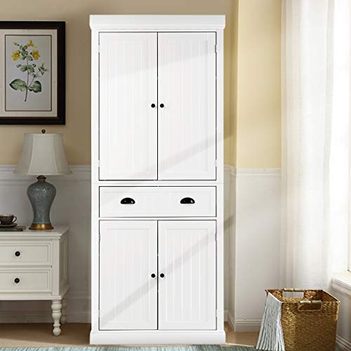 Tangkula 72‘’H Freestanding Kitchen Pantry Cupboard Cabinet, Traditional Elegant Design, w/Adjustable Shelves, 2-Door Floor Utility Storage Cabinet for Living Room Kitchen Hallway (White)