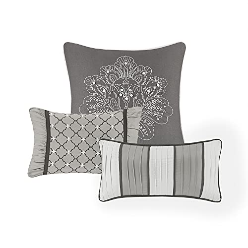 Madison Park Cozy Comforter Set-Luxurious Jaquard Traditional Damask Design All Season Down Alternative Bedding with Matching Shams, Decorative Pillow, California King (104 in x 92 in), Grey 7 Piece