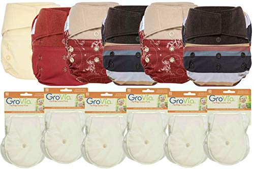 GroVia Hybrid Part Time Package: 6 Shells + 12 No Prep Soaker Pads (Color Mix 8 - Hook & Loop)