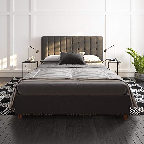 DHP Emily Upholstered Linen Platform Bed with Wooden Slat Support, Tufted Headboard, Queen Size - Grey