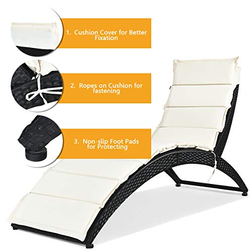 Tangkula Foldable Patio Lounge Chair, Outdoor Rattan Lounger Chaise, Portable Patio Chaise with Cushion, All-Weather Wicker Furniture for Garden Lawn Balcony Backyard Poolside (2)