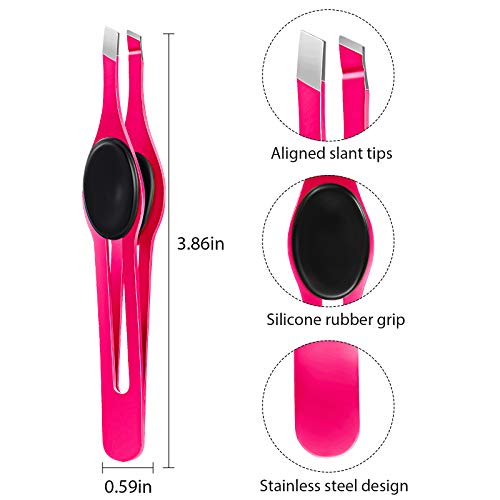 2 Pieces Wide Non-Slip Grip Slant Tip Tweezers Stainless Steel Slant Tweezer Precision Tip Hair Clip Tweezer for Ingrown Hair Facial Hair Eyebrow Shaping Splinter Blackhead Remover (Black, Rose Red)