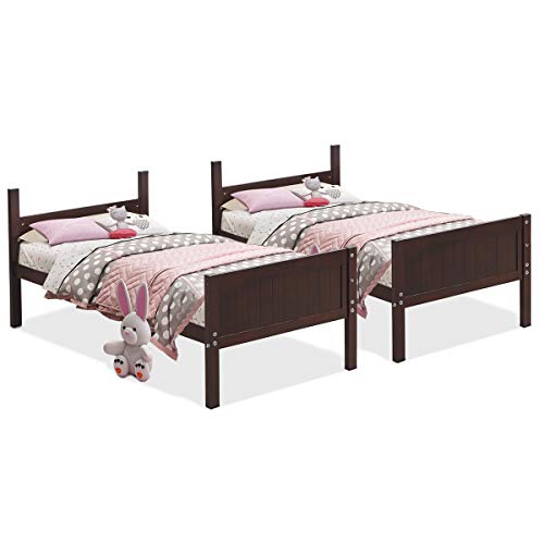 Costzon Wooden Twin Over Twin Bunk Beds Convertible 2 Individual Twin Beds for Kids Children, Solid Rubberwood Bunk Bed