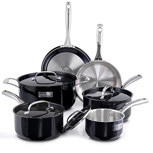 Fleischer & Wolf Hard Anodized Dishwasher & Oven Safe PFOA Free Cookware Sets 10-Piece, Black Titanium Coated Stainless Steel Induction Compatible