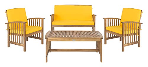 Safavieh PAT7007D Collection Rocklin Teak Look and Yellow 4 Pc Outdoor Set, Natural