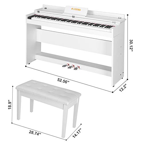 LAGRIMA Digital Piano, 88 Key Electric Keyboard Piano for Beginner/Adults with Padded Piano Bench+Music Stand+Power Adapter+3-Pedal Board+Instruction Book+Headphone Jack(White With 2 Person Bench