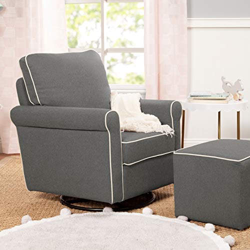 DaVinci Maya Upholstered Swivel Glider and Ottoman, Dark Grey with Cream Piping