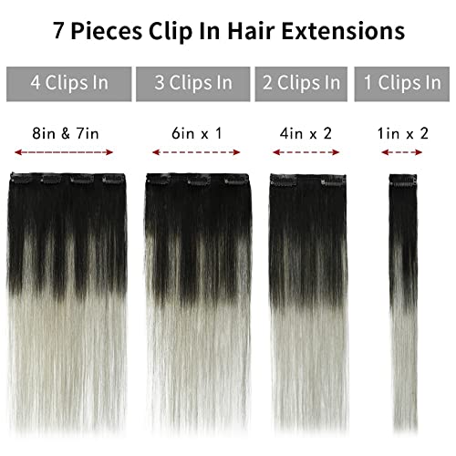 10A Grade Clip In Hair Extensions Human Hair Ombre Hair Natural Black Fading to Silver Gray Brazilian Hair 120g 7pcs Per Set Remy Hair Full Head Silky Straight Human Hair Clip In Extensions 22In