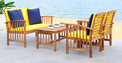 Safavieh PAT7007D Collection Rocklin Teak Look and Yellow 4 Pc Outdoor Set, Natural