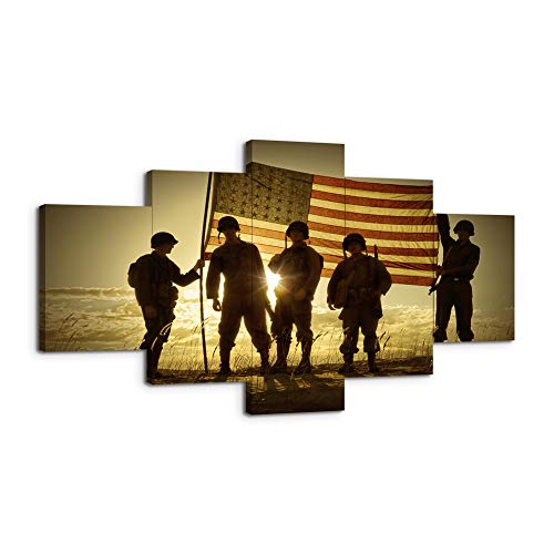 Large USA US American Military Soldiers Army Flag Wall Art Canvas Prints Home Decor Pictures Decals for Living Room Bedroom Office 5 Panel Poster Paintings Wooden Framed Ready to Hang (70"Wx40"H, 24)