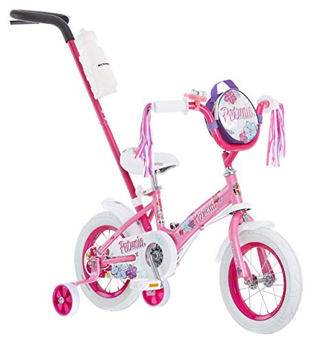 Schwinn Petunia Steerable Kids Bike, Girls Beginner Bicycle, 12-Inch Wheels, Training Wheels, Easily Removed Parent Push Handle with Water Bottle Holder, Pink