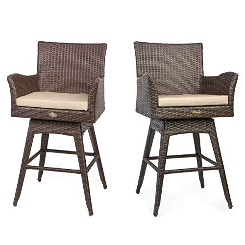 Barton Outdoor Patio Swivel Bar Stool Armrest with Footrest Rattan Crawford Sunbrella Weather-Resistant Fabric Cushion (Set of 2)