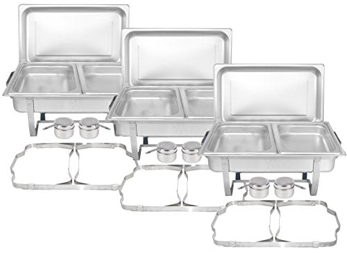 TigerChef 8 Quart Full Size Stainless Steel Chafer with Folding Frame and Cool-Touch Handle and 2 Half Size Chafing Dishes Food Pans 3 Pack