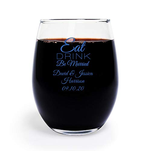 144 Pack Eat Drink Be Married 9 oz Wine Glass, Personalized Stemless Wine Glass, Blue, Housewarming Gifts for New Home Best Friend Surprise Bride to Be