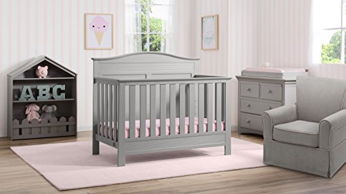 Serta Barrett 7-Piece Nursery Furniture Set - Convertible Crib, Dresser, Changing Top, Bookcase, Crib Mattress, Glider, Crib Sheets - Grey