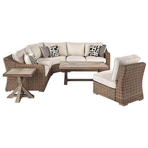 Signature Design by Ashley Beachcroft Patio Farmhouse Outdoor Wicker Cushioned Armless Chair, Beige