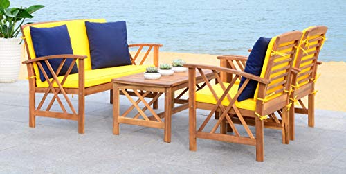 Safavieh PAT7008D Collection Fontana Teak Look 4 Pc Outdoor Set, Natural/Yellow