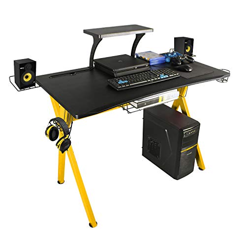 lazzo 42" Gaming Desk,Home Office Desk with Detachable Monitor Stand,Storage Basket,Speaker Holder,Cup Holder,Headphone Hook & Cable Management,Computer Gaming Table, Yellow
