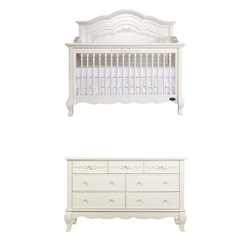 Evolur Aurora 5-in-1 Convertible Crib, Ivory Lace Drawer with Drawer Double Dresser