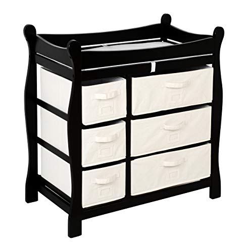 Sleigh Style Baby Changing Table with 6 Storage Baskets and Pad