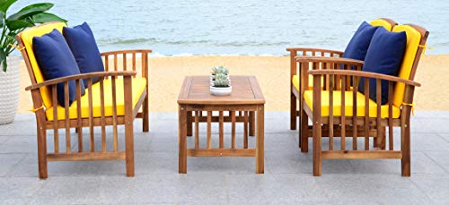 Safavieh PAT7007D Collection Rocklin Teak Look and Yellow 4 Pc Outdoor Set, Natural