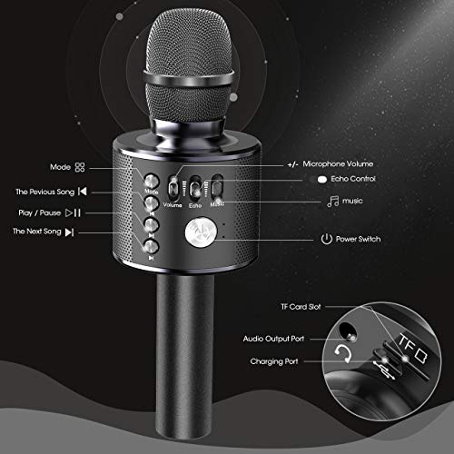 【2021 Upgrade】 Wireless Bluetooth Karaoke Microphone, 4 in 1 Portable Handheld Karaoke Mic Speaker Machine for Kids Adults, for Christmas Birthday Home Party (Black)