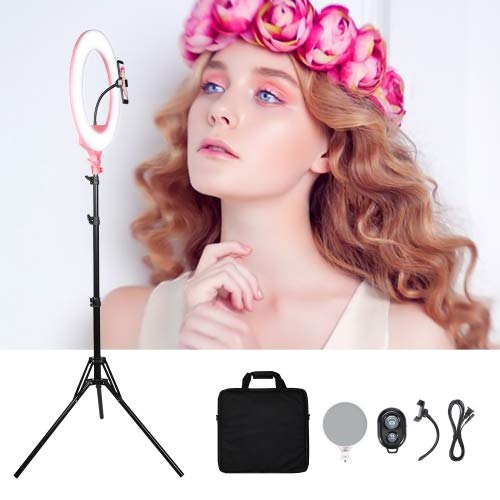 18" Selfie Ring Light|Dimmable/High Light|Cell Phone Holder|Bluetooth Remote|69inch Tripod Stand|Make up Mirror|Live Stream/Makeup/Selfie/YouTube Video/Photography/Zoom Video (18" Pink)