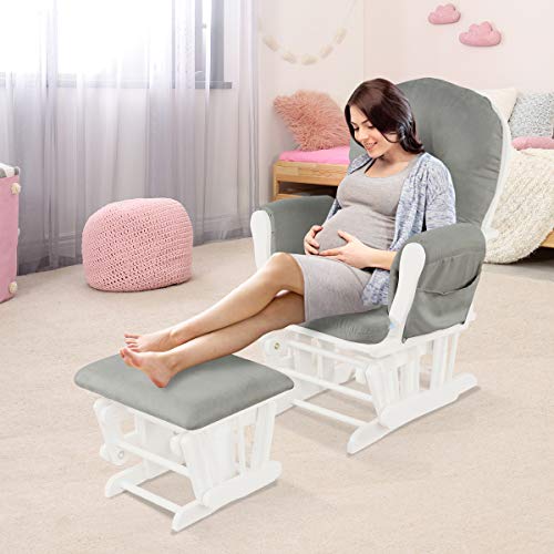 Costzon Baby Glider and Ottoman Cushion Set, Wood Baby Rocker Nursery Furniture, Upholstered Comfort Nursery Chair & Ottoman with Padded Arms (Light Gray)