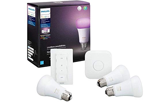 Philips Hue MAIN-54158 White & Color Ambiance LED Starter Kit-3 Multicolor A19 Bulbs, Bridge and Hue Dimmer Switch (Gen 3-Richer Colors), Multi