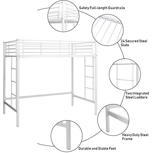 Costzon Loft Twin Bed Single Bunk Bed with Sturdy Steel Frame High Sleeper Multipurpose Use Full Length Guardrails White