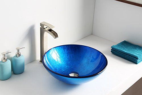 ANZZI Clavier Modern Tempered Glass Vessel Bowl Sink in Lustrous Blue | Top Mount Bathroom Sinks above Counter | Round Vanity Countertop Sink Bowl | LS-AZ027