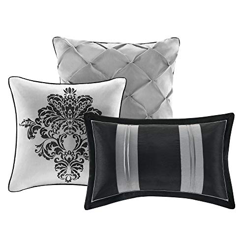 Madison Park Bella Comforter Set-Casual Damask Design All Season Cozy Bedding, Matching Bedskirt, Shams, Decorative Pillows, California King (104 in x 92 in), Black, 7 Piece