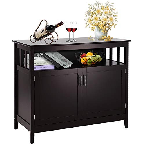 Costzon Kitchen Storage Sideboard Dining Buffet Server Cabinet Cupboard Chest with 2 Level Cabinets and Open Shelf Brown