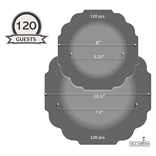 " OCCASIONS " 240 Plates Pack,(120 Guests) Heavyweight Wedding Party Disposable Plastic Plates Set -120 x 10.5'' Dinner + 120 x 8'' Salad / Dessert Plate (Imperial White and Gold)