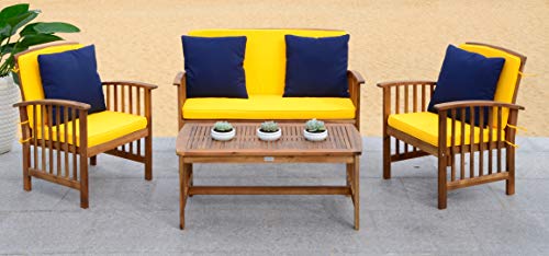 Safavieh PAT7007D Collection Rocklin Teak Look and Yellow 4 Pc Outdoor Set, Natural