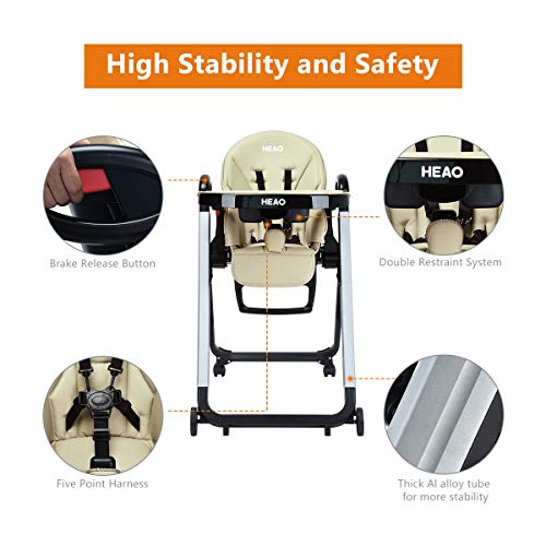 HEAO Foldable High Chair Reclining Height Adjustable 4 Wheels Beige