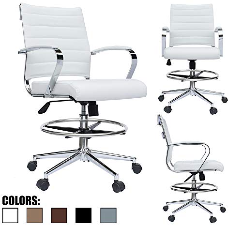 2xhome - Modern Adjustable Designer Ergonomic Office Drafting Chair Office with Arms Ribbed Computer (White)