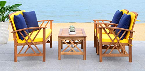 Safavieh PAT7008D Collection Fontana Teak Look 4 Pc Outdoor Set, Natural/Yellow